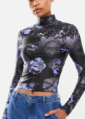 Puma Mor Cicekli Siyah Puma Crop Bluz Puma 38 Beden