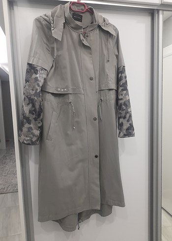 Kapüşonlu Kamuflaj Desenli Uzun Gri kap çok şık 38 beden - Görsel 13