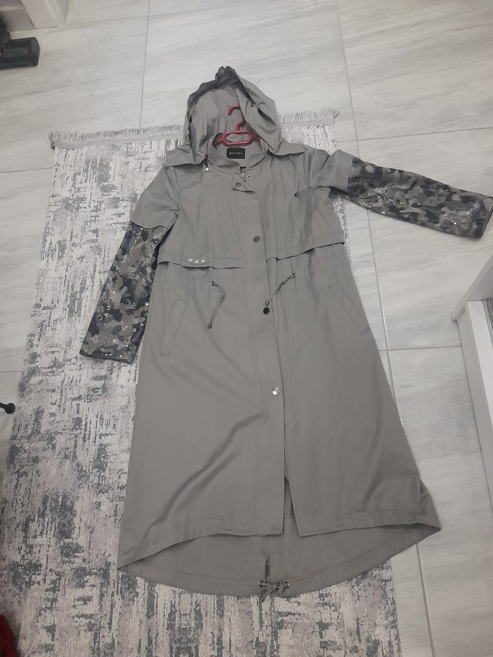 Kapüşonlu Kamuflaj Desenli Uzun Gri kap çok şık 38 beden - Görsel 2