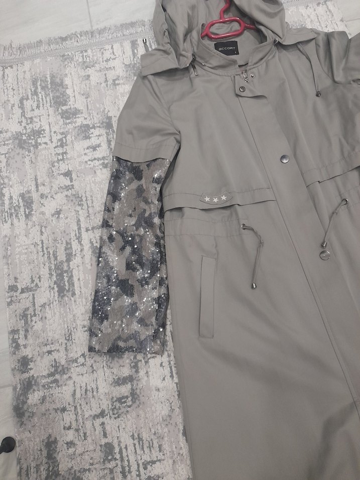 Kapüşonlu Kamuflaj Desenli Uzun Gri kap çok şık 38 beden - Görsel 3