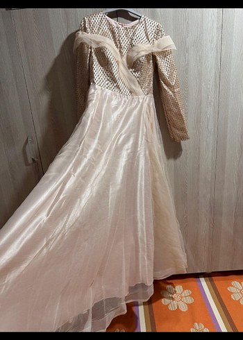 Bej Uzun Kollu V Yaka Drapeli Kadın Elbise - Görsel 2