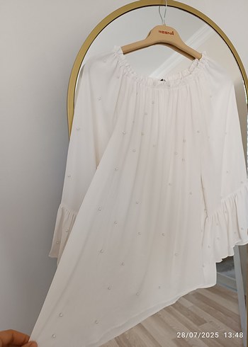 xl Beden Fırfırlı Beyaz Bohem Mini Bluz