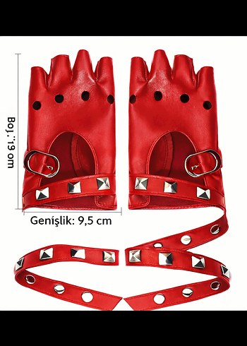 Kırmızı Deri Rock Punk Bilek Tokalı Eldiven - Görsel 4