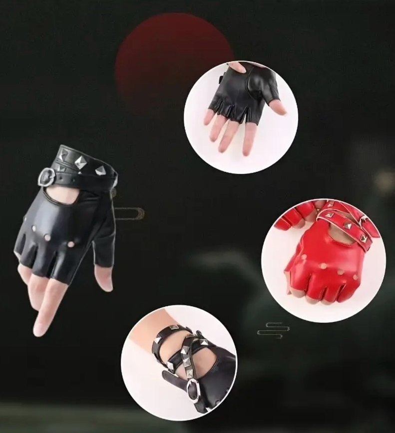 Kırmızı Deri Rock Punk Bilek Tokalı Eldiven - Görsel 3