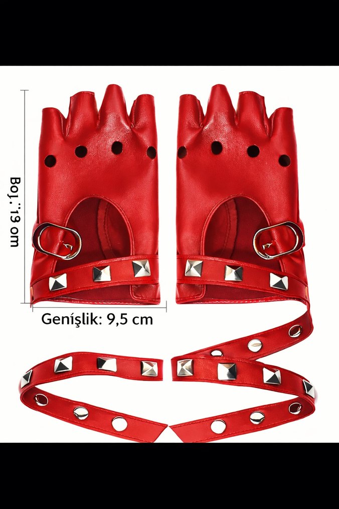 Kırmızı Deri Rock Punk Bilek Tokalı Eldiven - Görsel 4