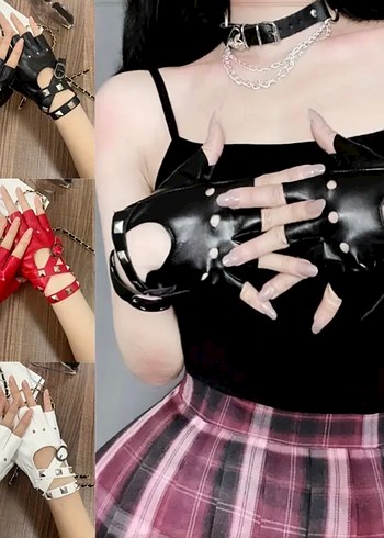 Beyaz Deri Rock Punk Eldivenler - Görsel 2