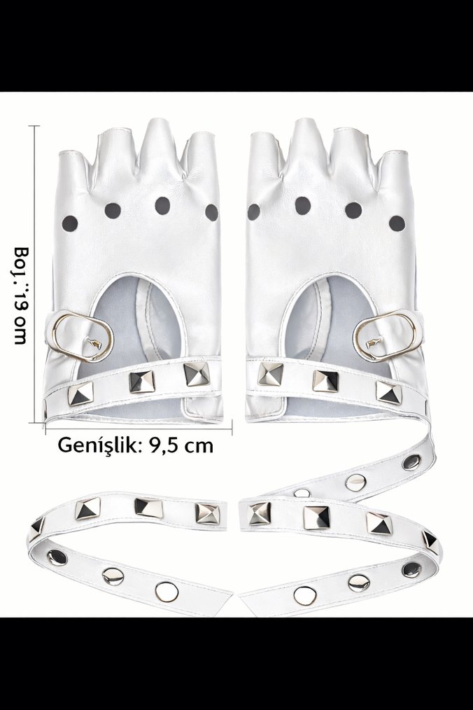Beyaz Deri Rock Punk Eldivenler - Görsel 4