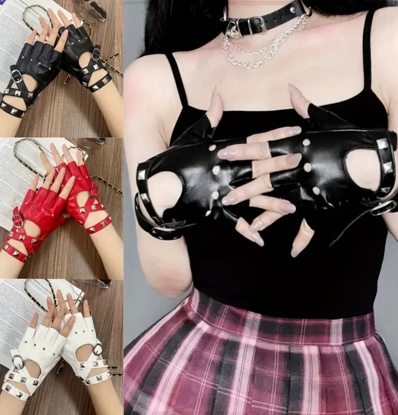 Beyaz Deri Rock Punk Eldivenler - Görsel 2