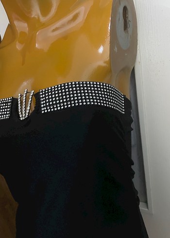 Siyah Straplez Mini Payetli Abiye Elbise - Görsel 4