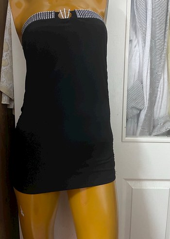 Siyah Straplez Mini Payetli Abiye Elbise - Görsel 3