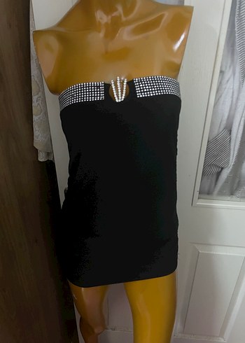 Siyah Straplez Mini Payetli Abiye Elbise - Görsel 2