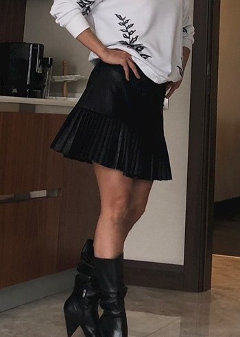 Deri Siyah Pileli Midi Etek - Görsel 4