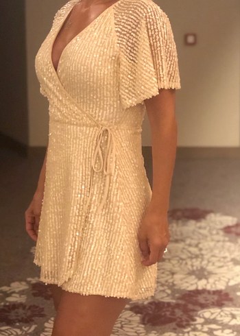 Pudra renkli kruvaze PAYET elbise - Görsel 5