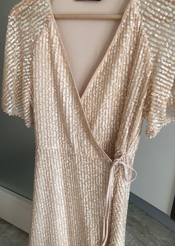 Pudra renkli kruvaze PAYET elbise - Görsel 2