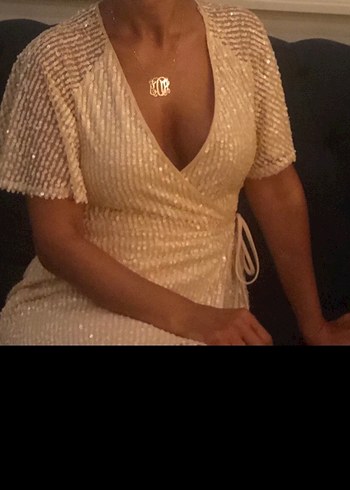 Pudra renkli kruvaze PAYET elbise - Görsel 6