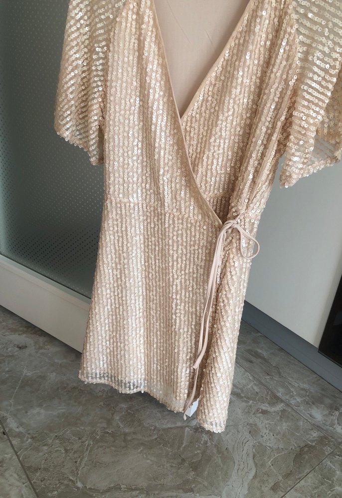 Pudra renkli kruvaze PAYET elbise - Görsel 3