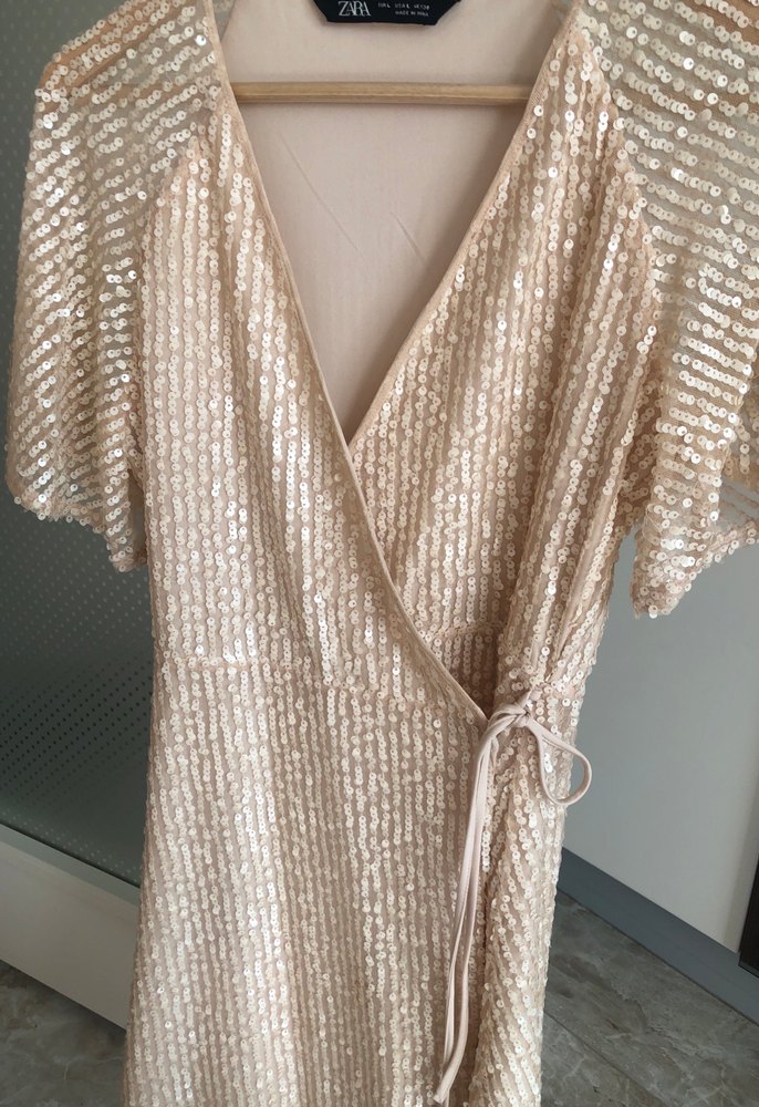 Pudra renkli kruvaze PAYET elbise - Görsel 2