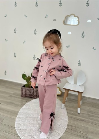 Pembe Nakışlı Kız Çocuk Kapüşonlu Takım - Görsel 2