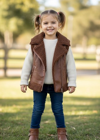 Çocuk Kahverengi Kürklü Yelek - Görsel 2
