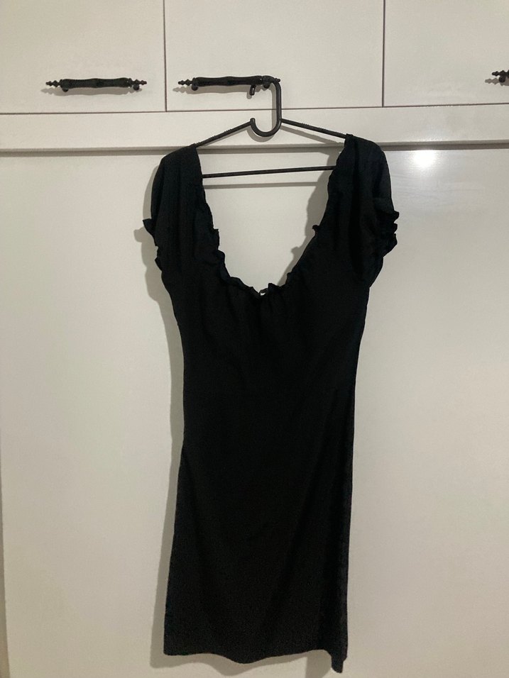 Siyah V Yakalı Drapeli Midi Elbise - Görsel 4