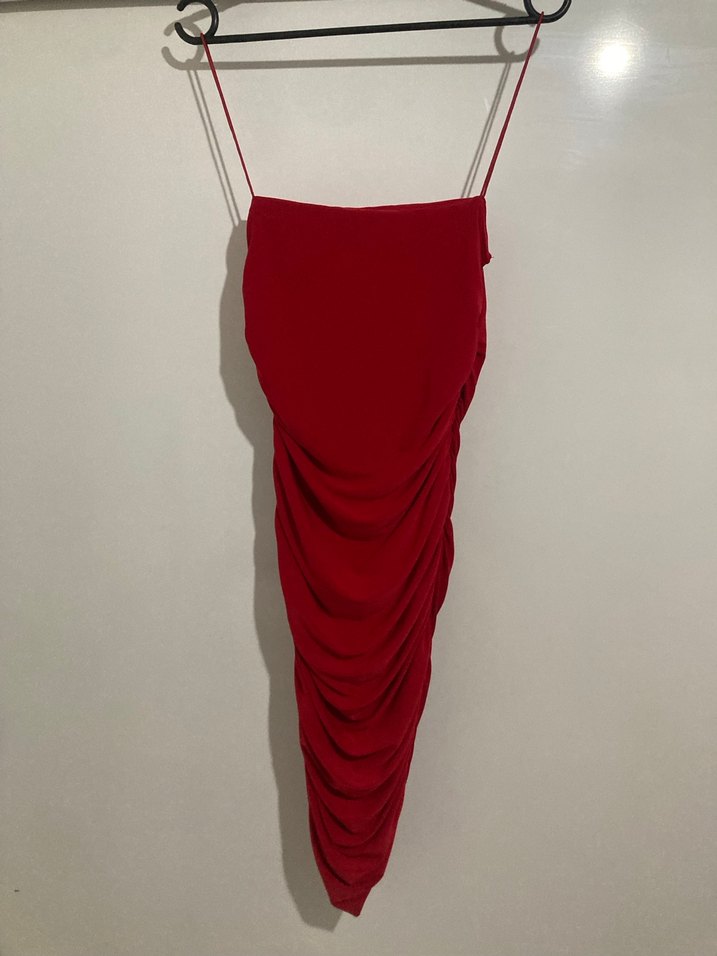 Kırmızı Drapeli Uzun Askılı Abiye Elbise - Görsel 2