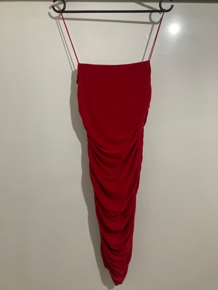 Kırmızı Drapeli Uzun Askılı Abiye Elbise - Görsel 3