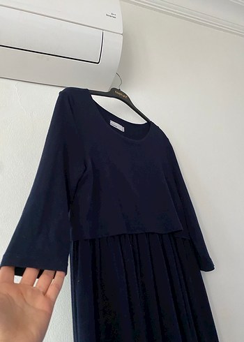 Lacivert Bağlama Desenli Uzun Hamile Elbisesi - Görsel 3