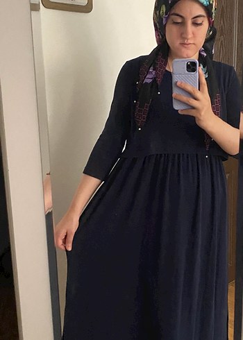 Lacivert Bağlama Desenli Uzun Hamile Elbisesi - Görsel 2