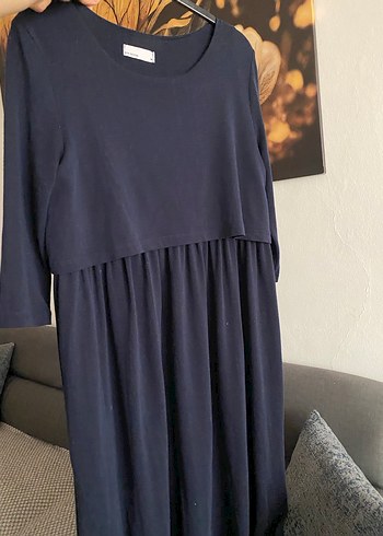 Lacivert Bağlama Desenli Uzun Hamile Elbisesi - Görsel 4