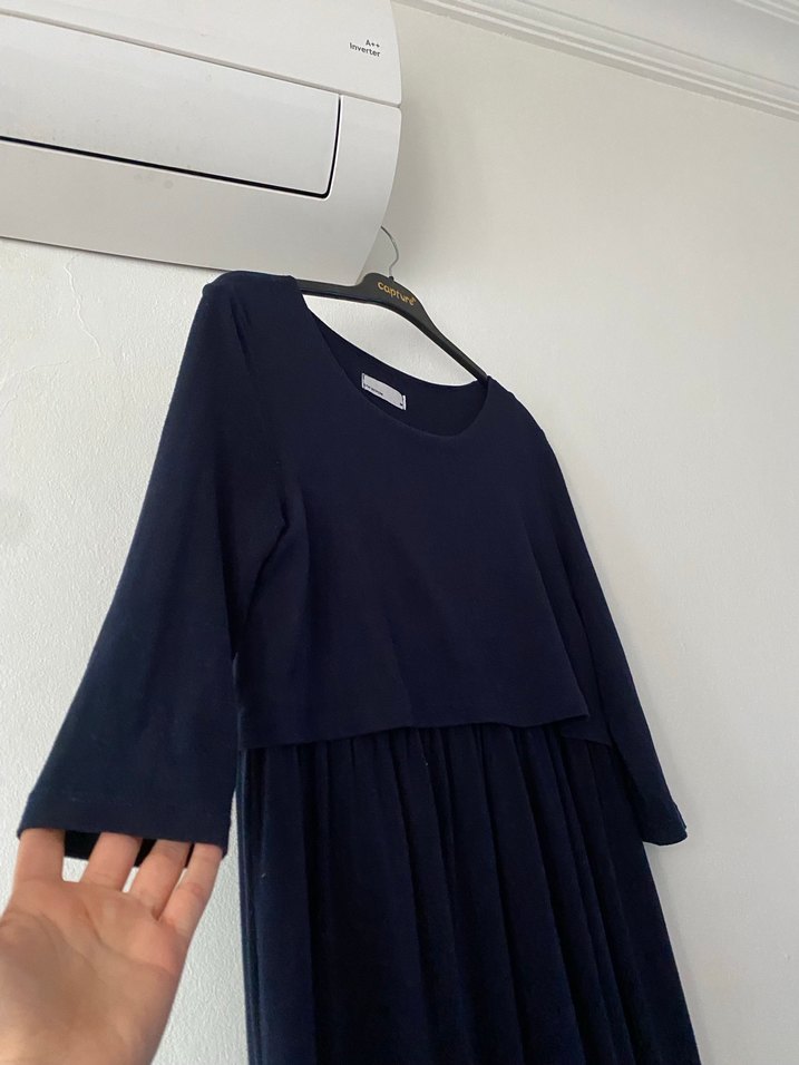 Lacivert Bağlama Desenli Uzun Hamile Elbisesi - Görsel 3