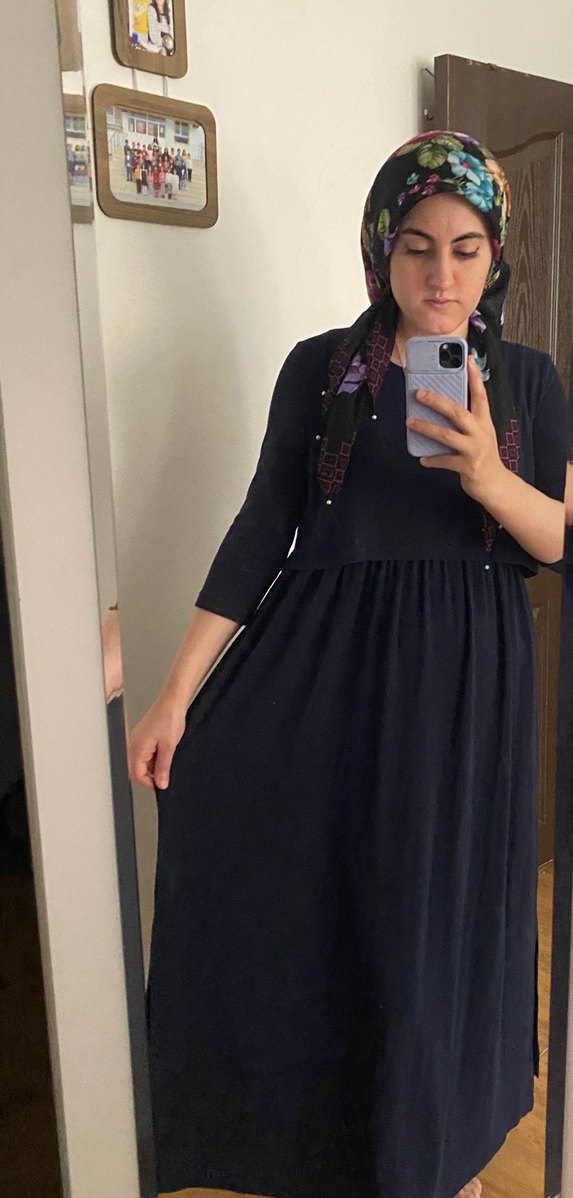 Lacivert Bağlama Desenli Uzun Hamile Elbisesi - Görsel 2