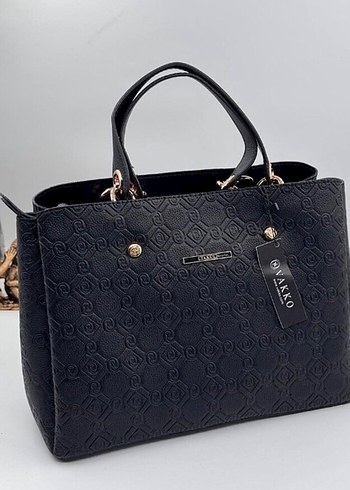 Vakko Klasik Desenli Siyah Deri Kadın Çanta - Görsel 3