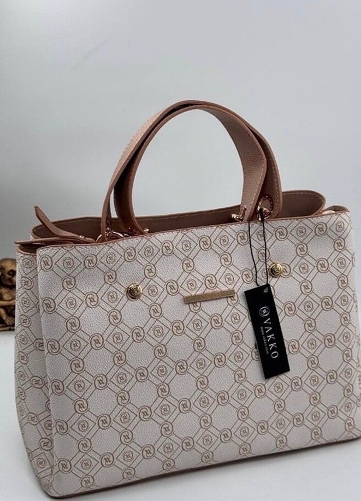 Vakko Klasik Desenli Siyah Deri Kadın Çanta - Görsel 4