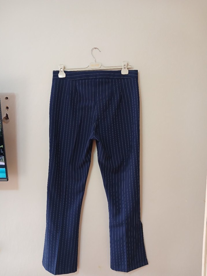 Lacivert Çizgili Kadın Kumaş Pantolon - Görsel 3
