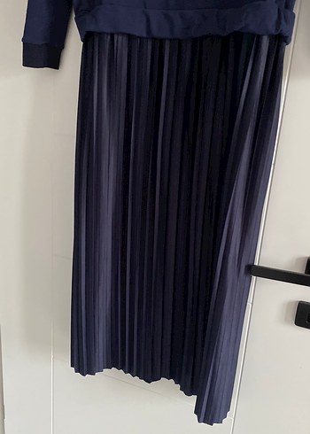 Uzun Kollu Mavi Pilili Kadın Elbise - Görsel 3