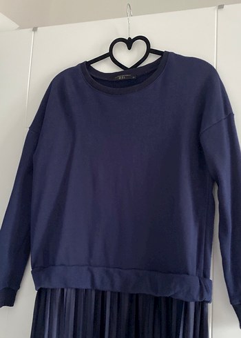 Uzun Kollu Mavi Pilili Kadın Elbise - Görsel 2