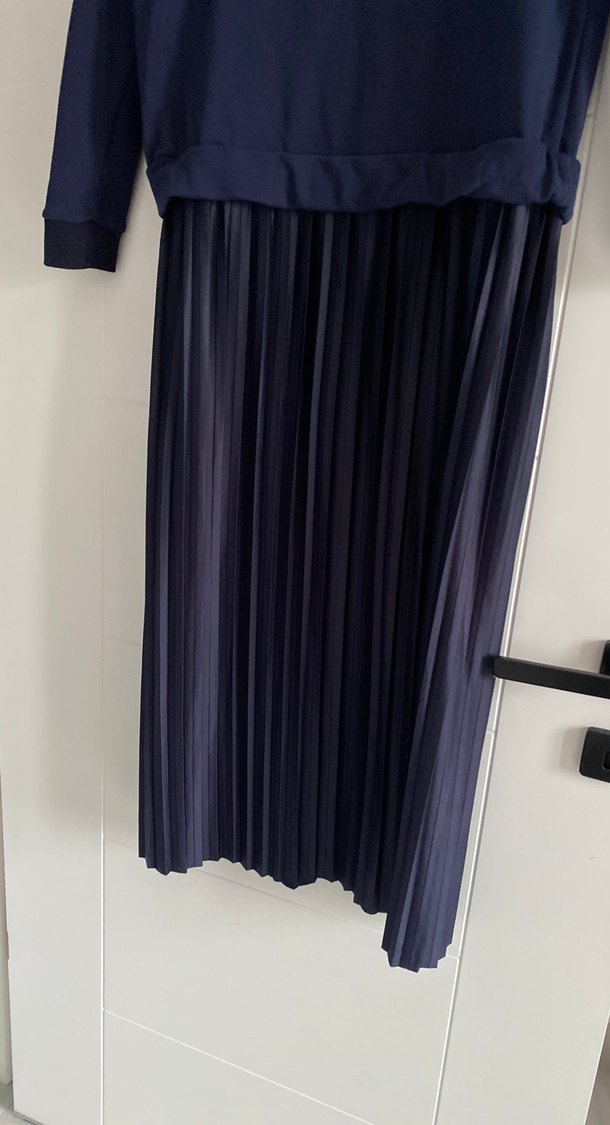 Uzun Kollu Mavi Pilili Kadın Elbise - Görsel 3