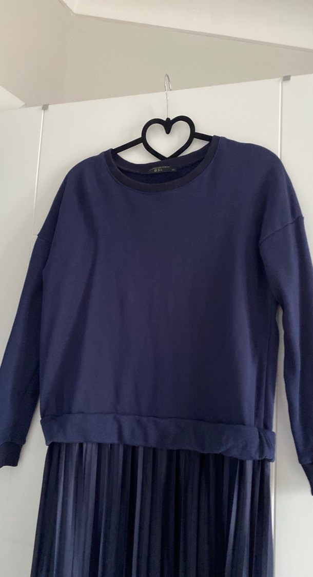 Uzun Kollu Mavi Pilili Kadın Elbise - Görsel 2