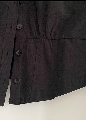 Düğmeli Siyah Keten Mini Kadın Gömlek - Görsel 4