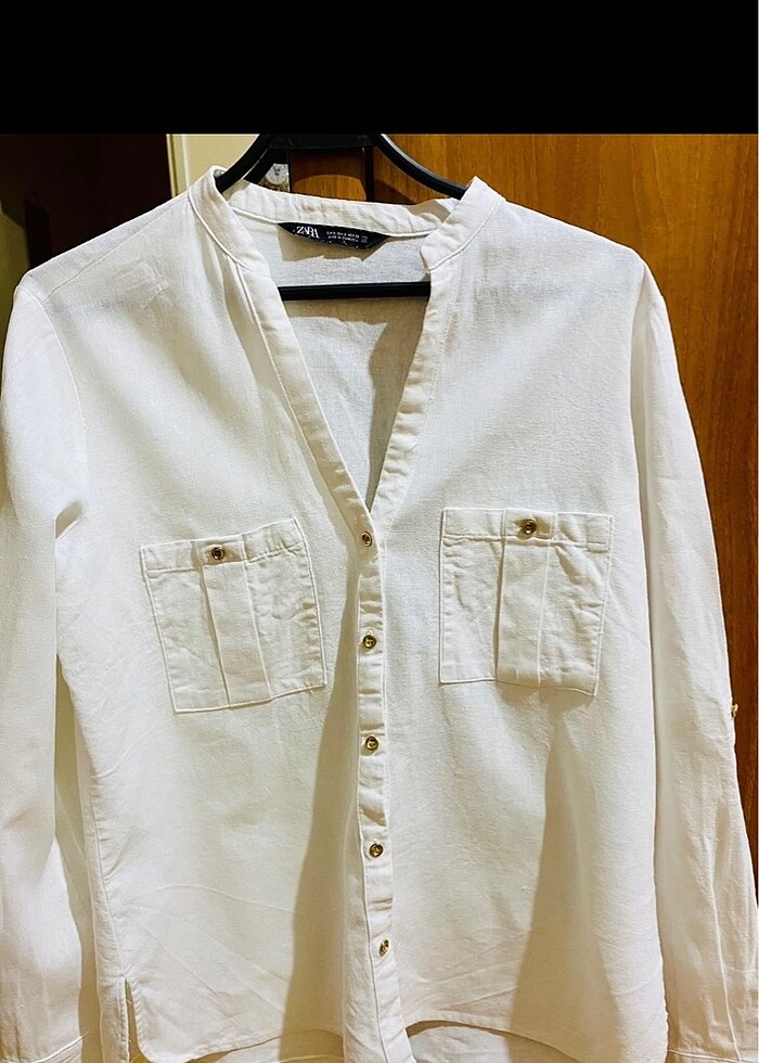 Zara Kıvrık Kollu Keten Karışımlı Gömlek - Görsel 5