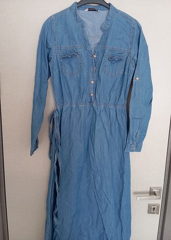 Düğmeli Uzun Kollu Denim Elbise