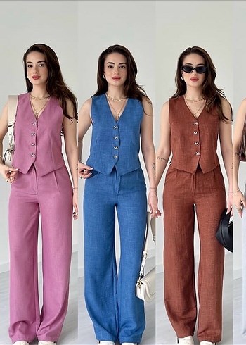 Düğmeli V Yakalı Kolsuz Denim Takım
