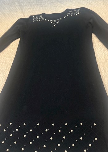 Boncuk Detaylı Siyah Uzun Kollu Triko Elbise - Görsel 5