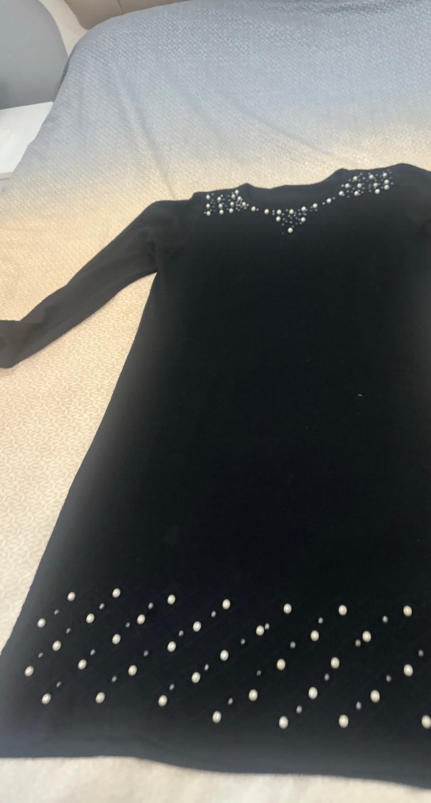 Boncuk Detaylı Siyah Uzun Kollu Triko Elbise - Görsel 4