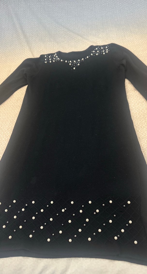 Boncuk Detaylı Siyah Uzun Kollu Triko Elbise - Görsel 5