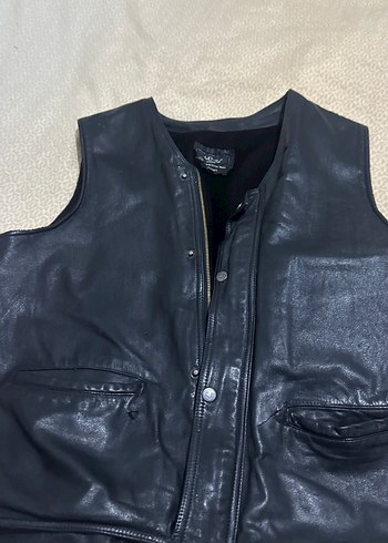 Erkek Siyah Deri Kolsuz Biker Yelek - Görsel 3