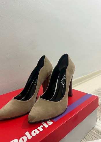 Bej Süet Kadın Topuklu Stiletto palet marka - Görsel 5