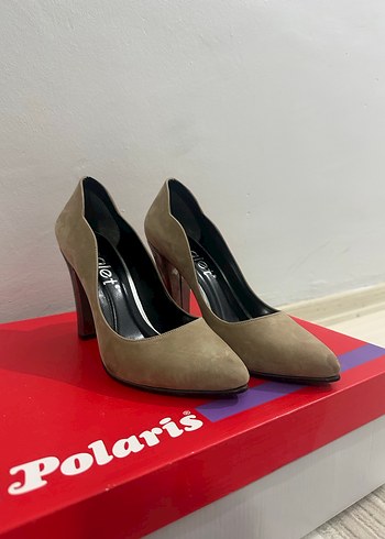 Bej Süet Kadın Topuklu Stiletto palet marka - Görsel 2