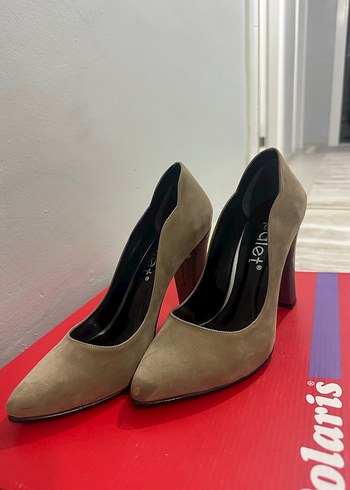 Bej Süet Kadın Topuklu Stiletto palet marka - Görsel 6