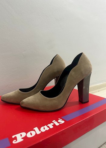 Bej Süet Kadın Topuklu Stiletto palet marka - Görsel 4